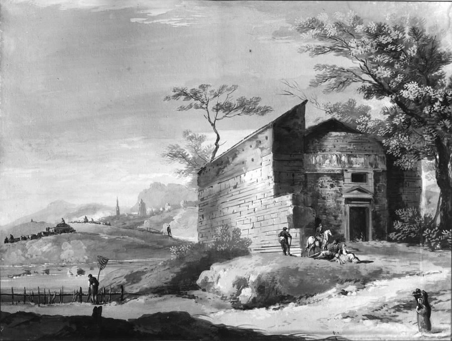 Paesaggio fluviale con tempio in rovina